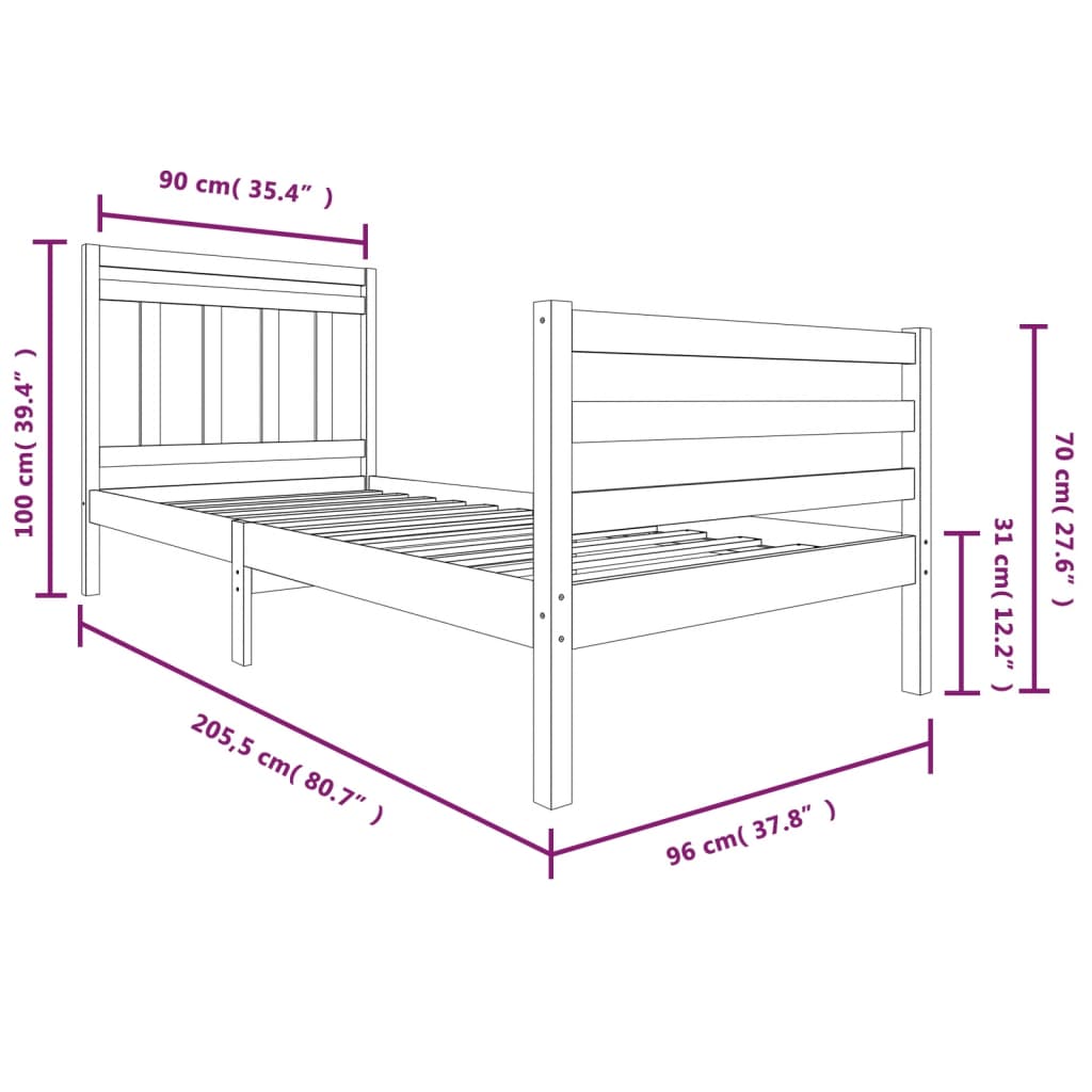 Cadre de lit blanc bois massif 90x200 cm Lits & cadres de lit vidaXL   