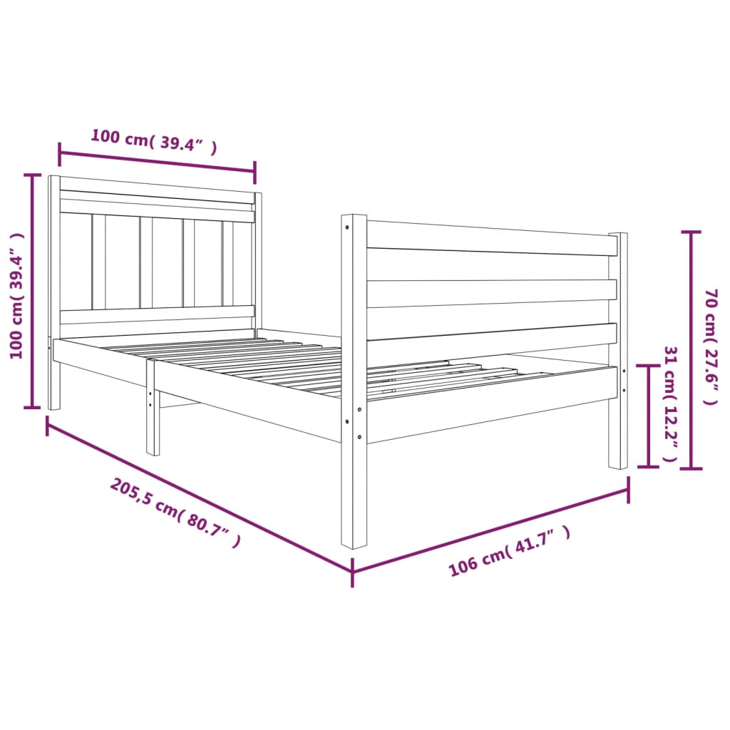 Cadre de lit bois massif 100x200 cm Lits & cadres de lit vidaXL   