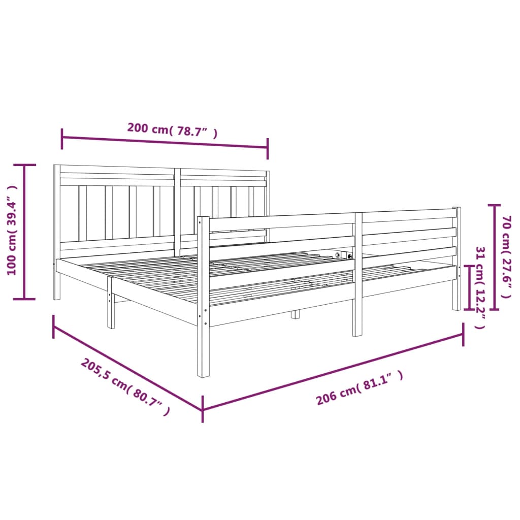 Cadre de lit Gris Bois massif 200x200 cm Lits & cadres de lit vidaXL   