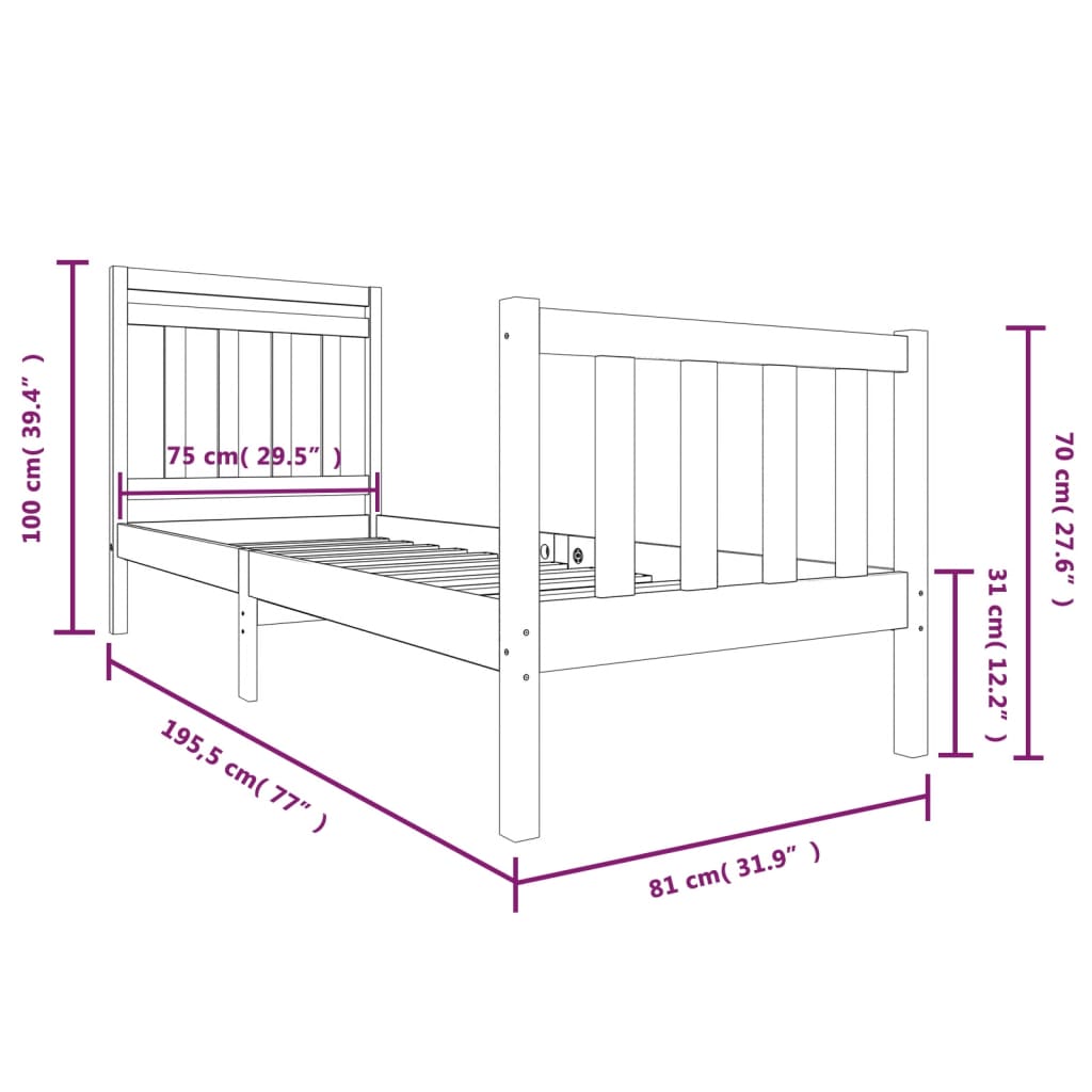 Cadre de lit 75x190 cm Petit simple Bois massif Lits & cadres de lit vidaXL   