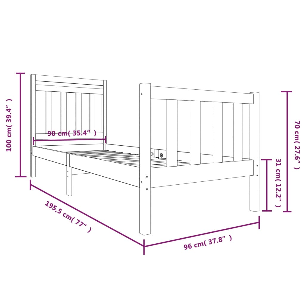 Cadre de lit Noir 90x190 cm Simple Bois massif Lits & cadres de lit vidaXL   