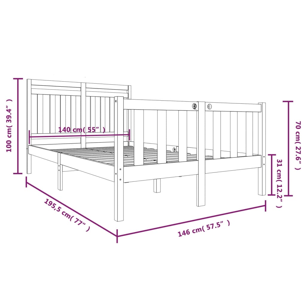 Cadre de lit Noir Bois massif 140x190 cm Lits & cadres de lit vidaXL   