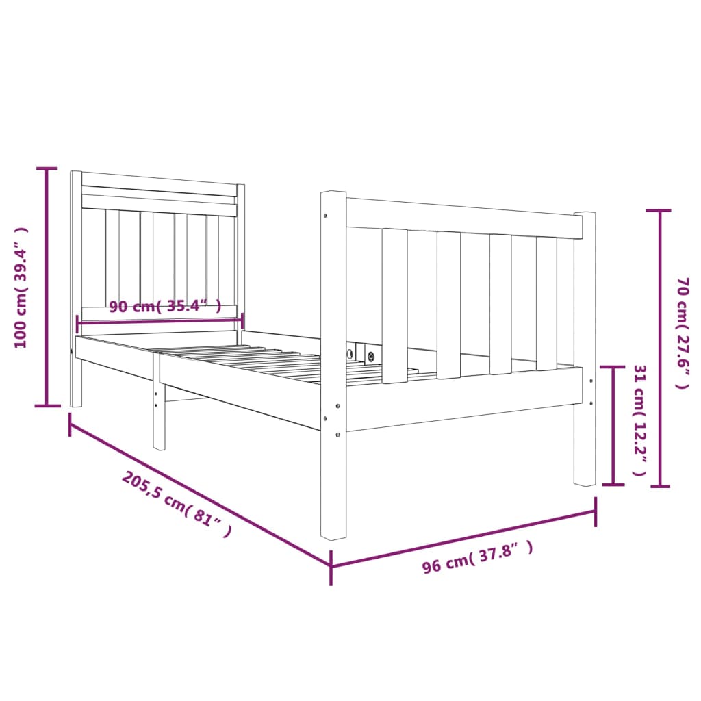 Cadre de lit Blanc Bois massif 90x200 cm Lits & cadres de lit vidaXL   