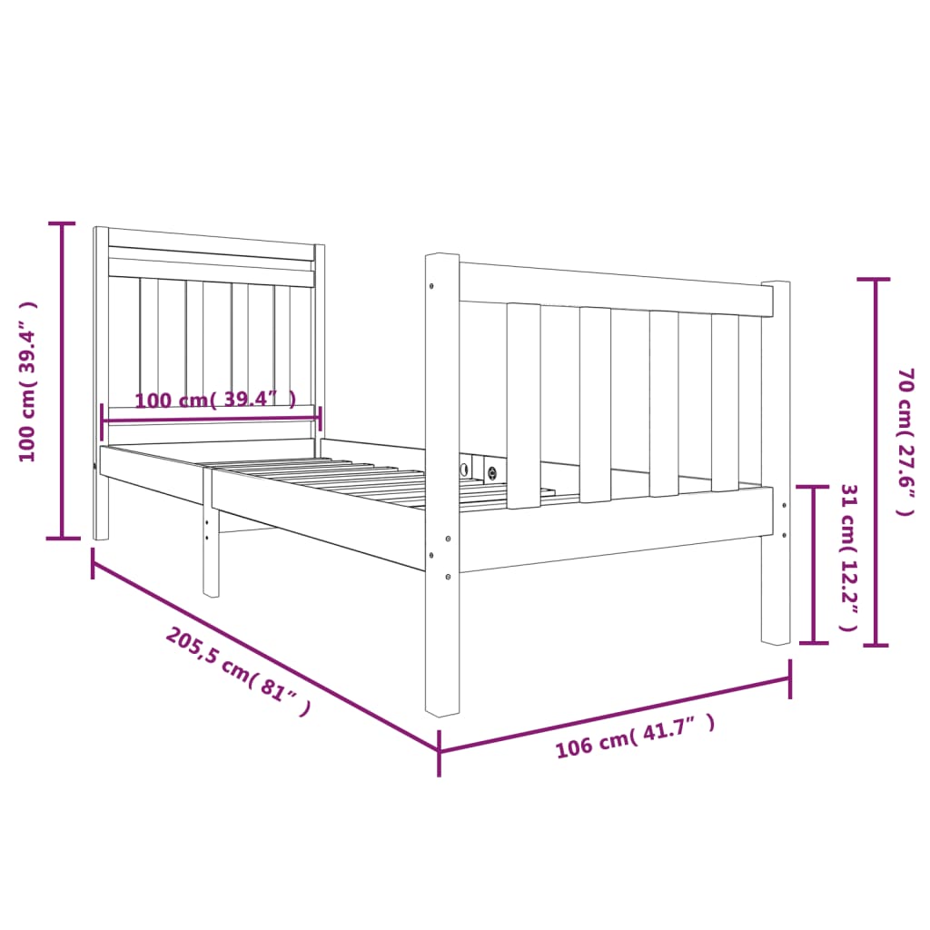 Cadre de lit Noir Bois massif 100x200 cm Lits & cadres de lit vidaXL   