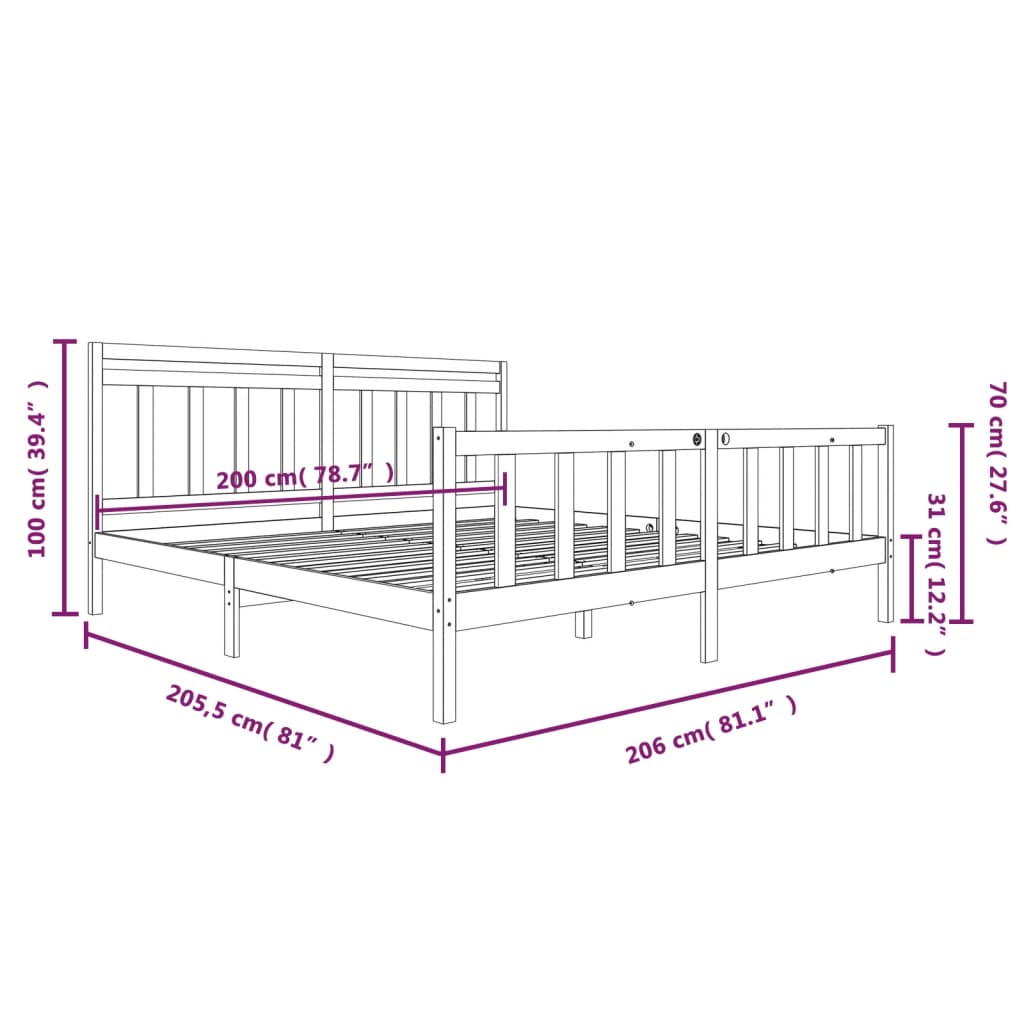 Cadre de lit Gris Bois massif 200x200 cm Lits & cadres de lit vidaXL   