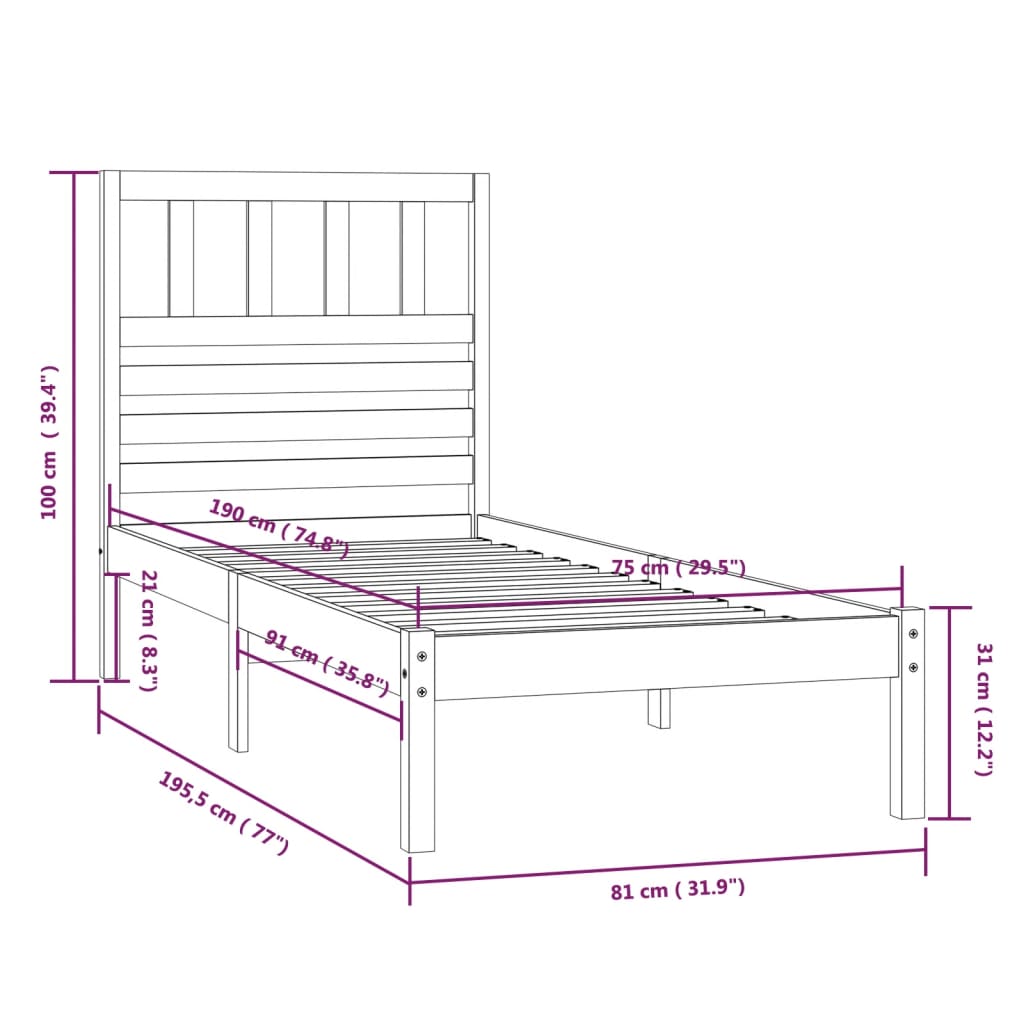 Cadre de lit blanc 75x190 cm petit simple bois massif de pin Lits & cadres de lit vidaXL   