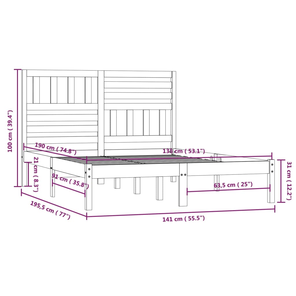 Cadre de lit noir 135x190 cm double bois de pin massif Lits & cadres de lit vidaXL   