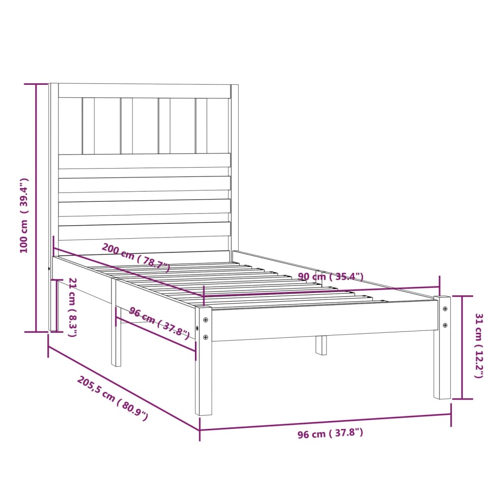 Cadre de lit Bois de pin massif 90x200 cm Lits & cadres de lit vidaXL   