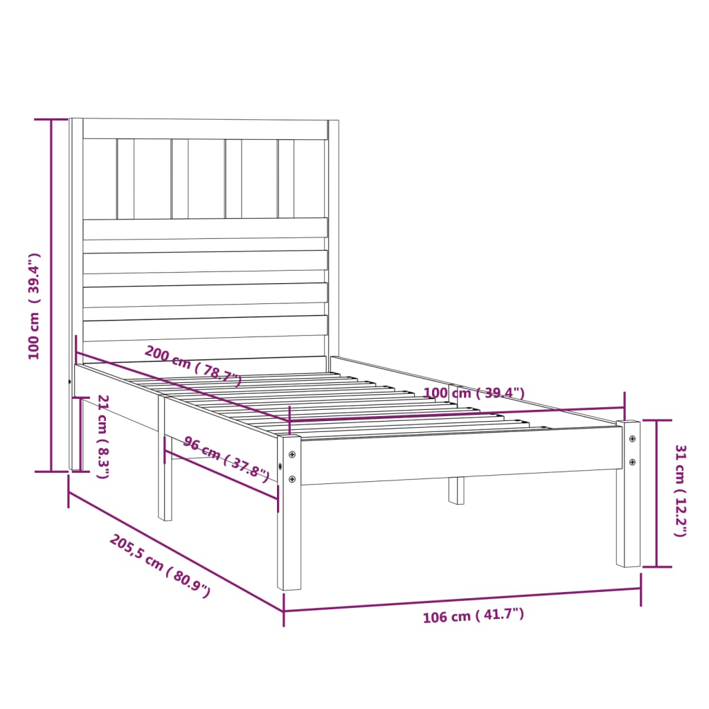 Cadre de lit Bois de pin massif 100x200 cm Lits & cadres de lit vidaXL   