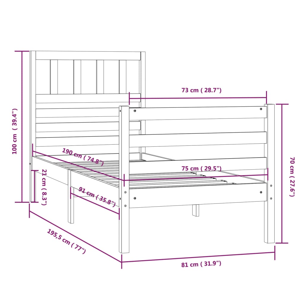 Cadre de lit 75x190 cm Petit simple Bois massif Lits & cadres de lit vidaXL   