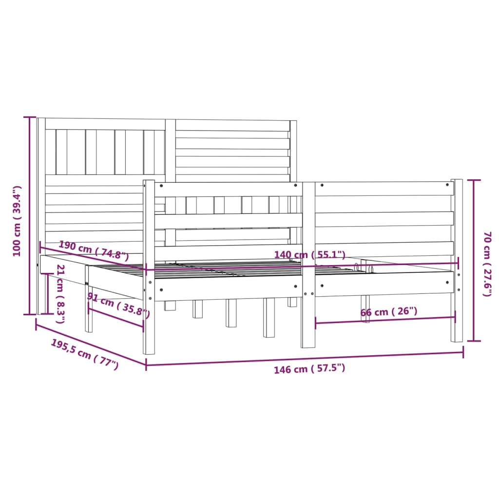 Cadre de lit Bois massif 140x190 cm Lits & cadres de lit vidaXL   