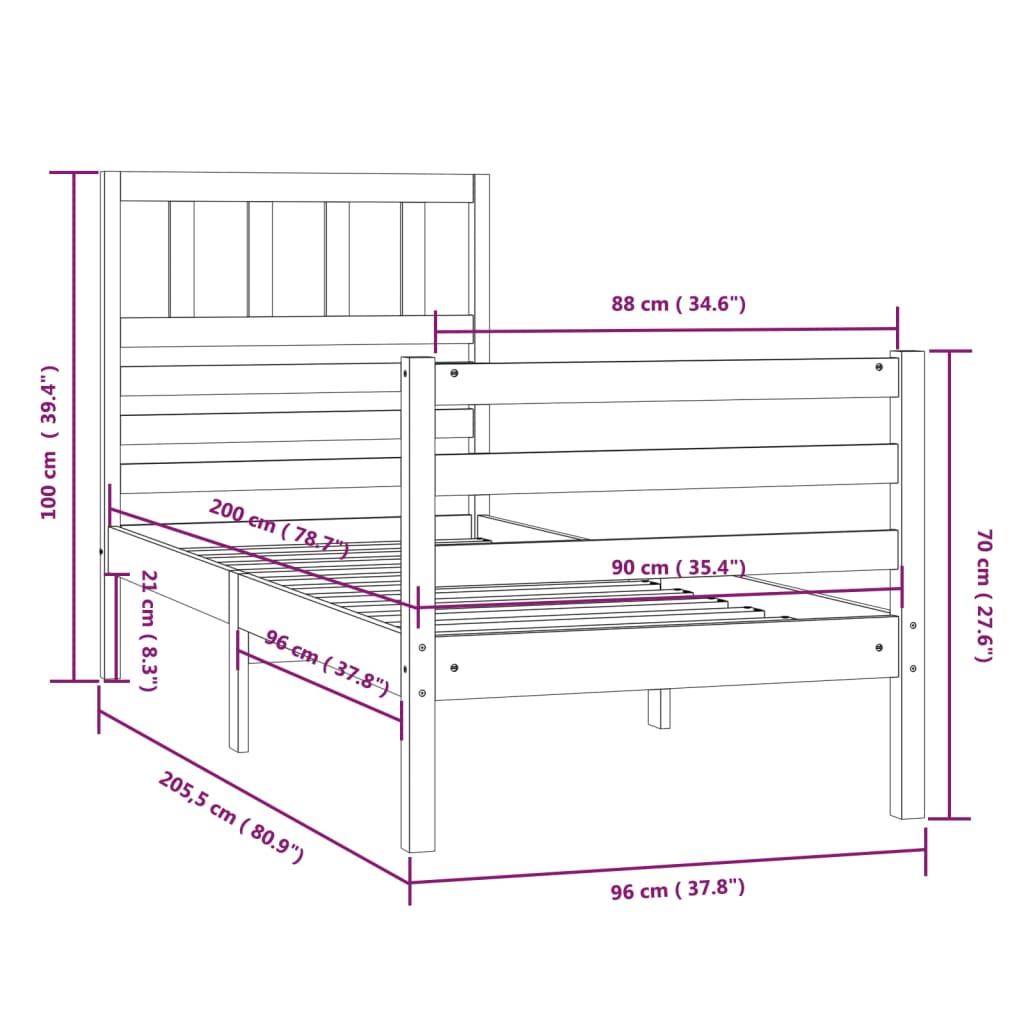 Cadre de lit bois massif 90x200 cm Lits & cadres de lit vidaXL   