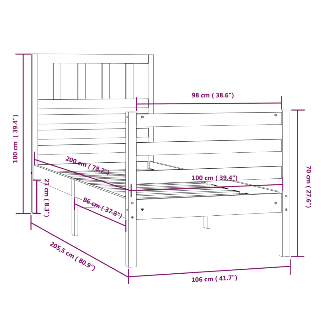 Cadre de lit bois massif 100x200 cm Lits & cadres de lit vidaXL   