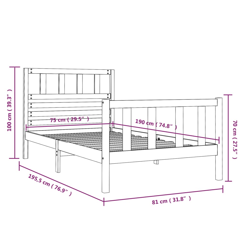 Cadre de lit 75x190 cm Petit simple Bois massif Lits & cadres de lit vidaXL   