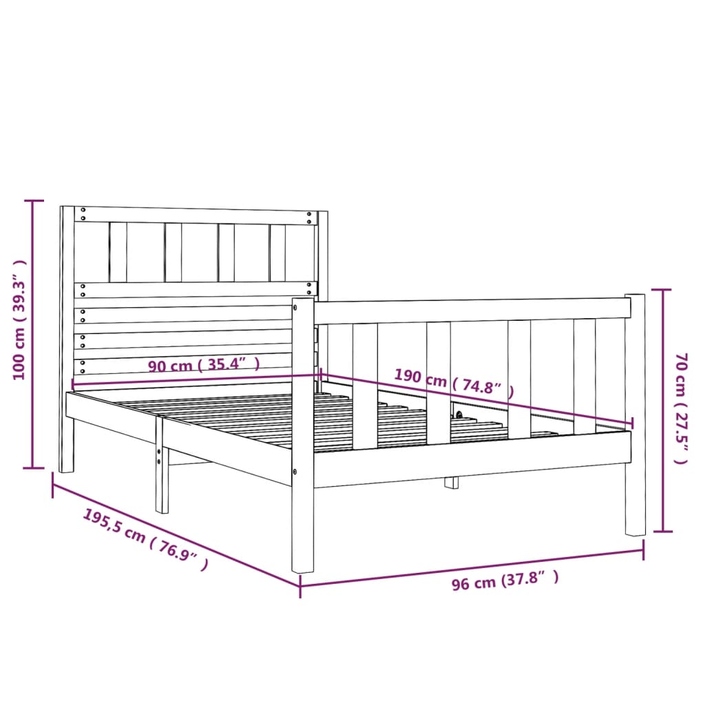 Cadre de lit Noir 90x190 cm Simple Bois massif Lits & cadres de lit vidaXL   