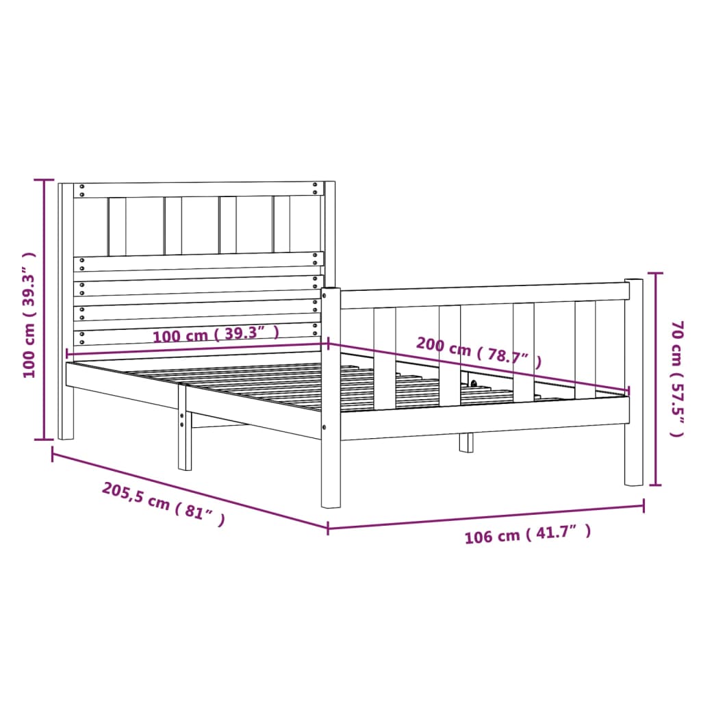 Cadre de lit Noir Bois massif 100x200 cm Lits & cadres de lit vidaXL   