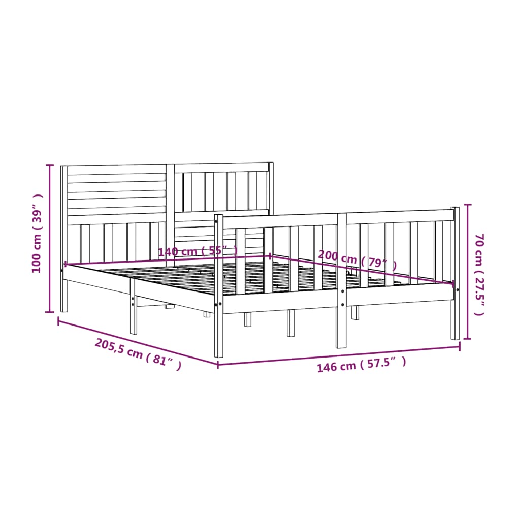 Cadre de lit Blanc Bois massif 140x200 cm Lits & cadres de lit vidaXL   