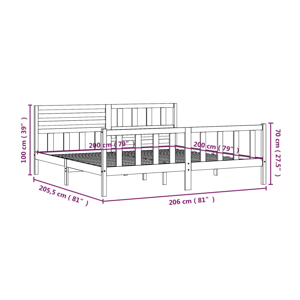 Cadre de lit Gris Bois massif 200x200 cm Lits & cadres de lit vidaXL   