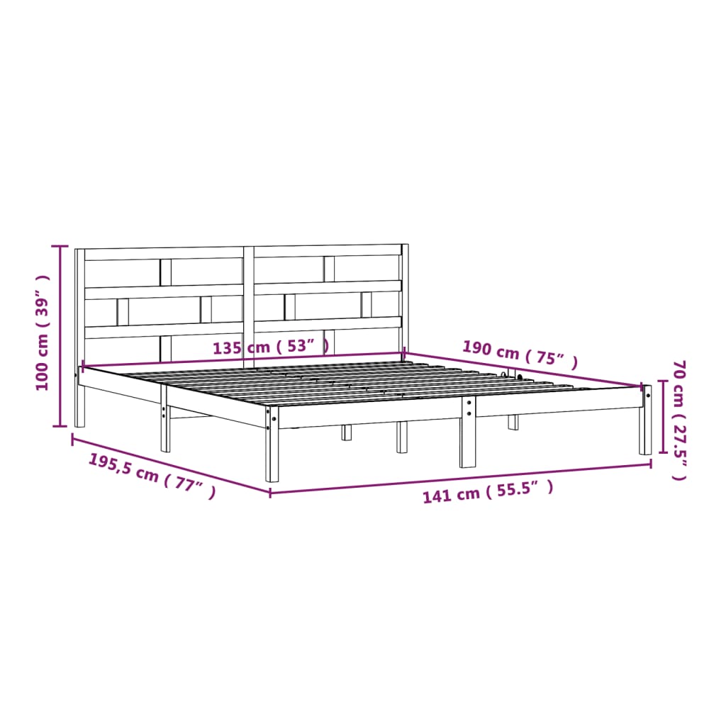 Cadre de lit Noir 135x190 cm Double Bois massif Lits & cadres de lit vidaXL   