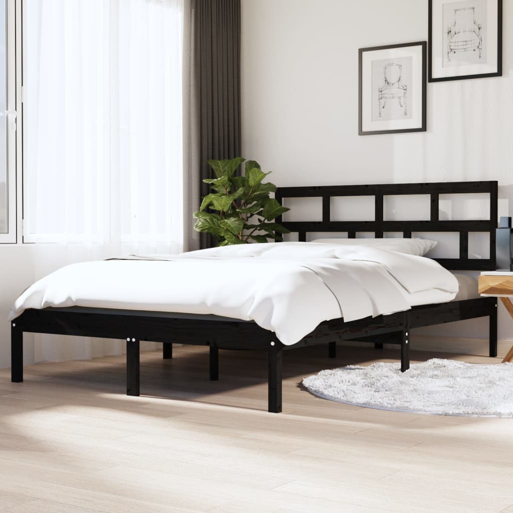 Cadre de lit Noir 135x190 cm Double Bois massif Lits & cadres de lit vidaXL   