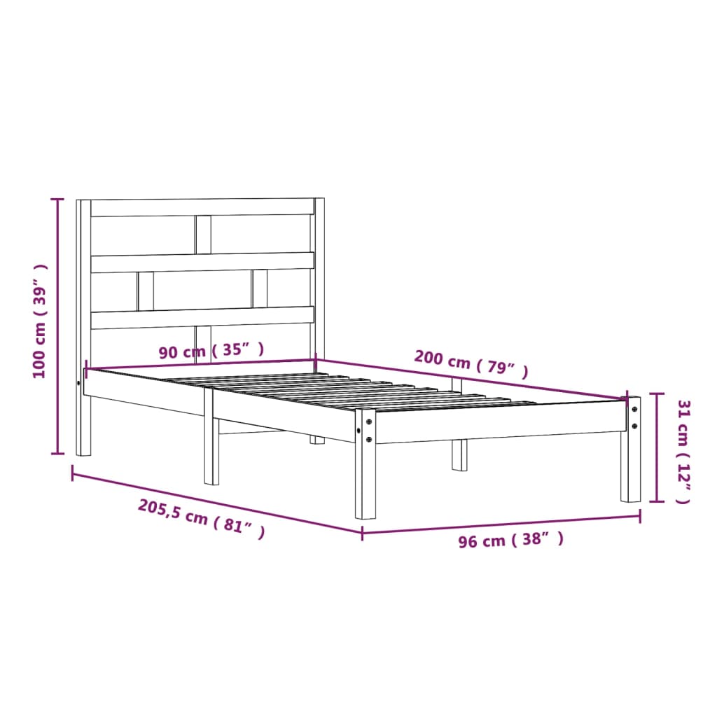 Cadre de lit Bois de pin massif 90x200 cm Lits & cadres de lit vidaXL   