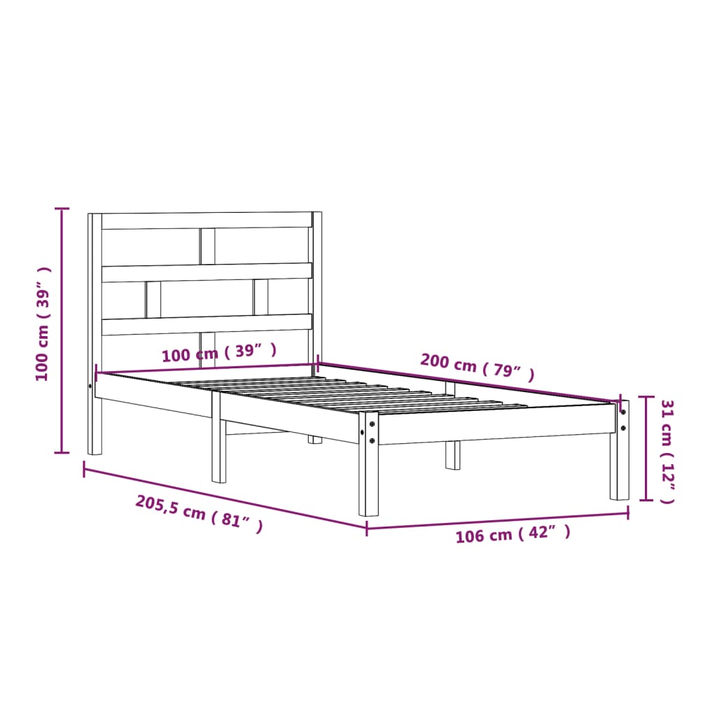 Cadre de lit Bois de pin massif 100x200 cm Lits & cadres de lit vidaXL   