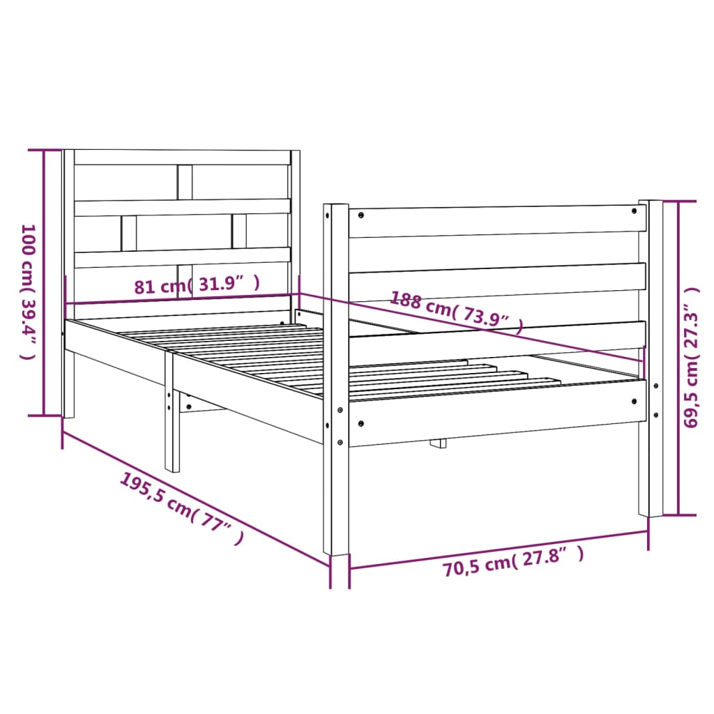 Cadre de lit 75x190 cm Petit simple Bois massif Lits & cadres de lit vidaXL   