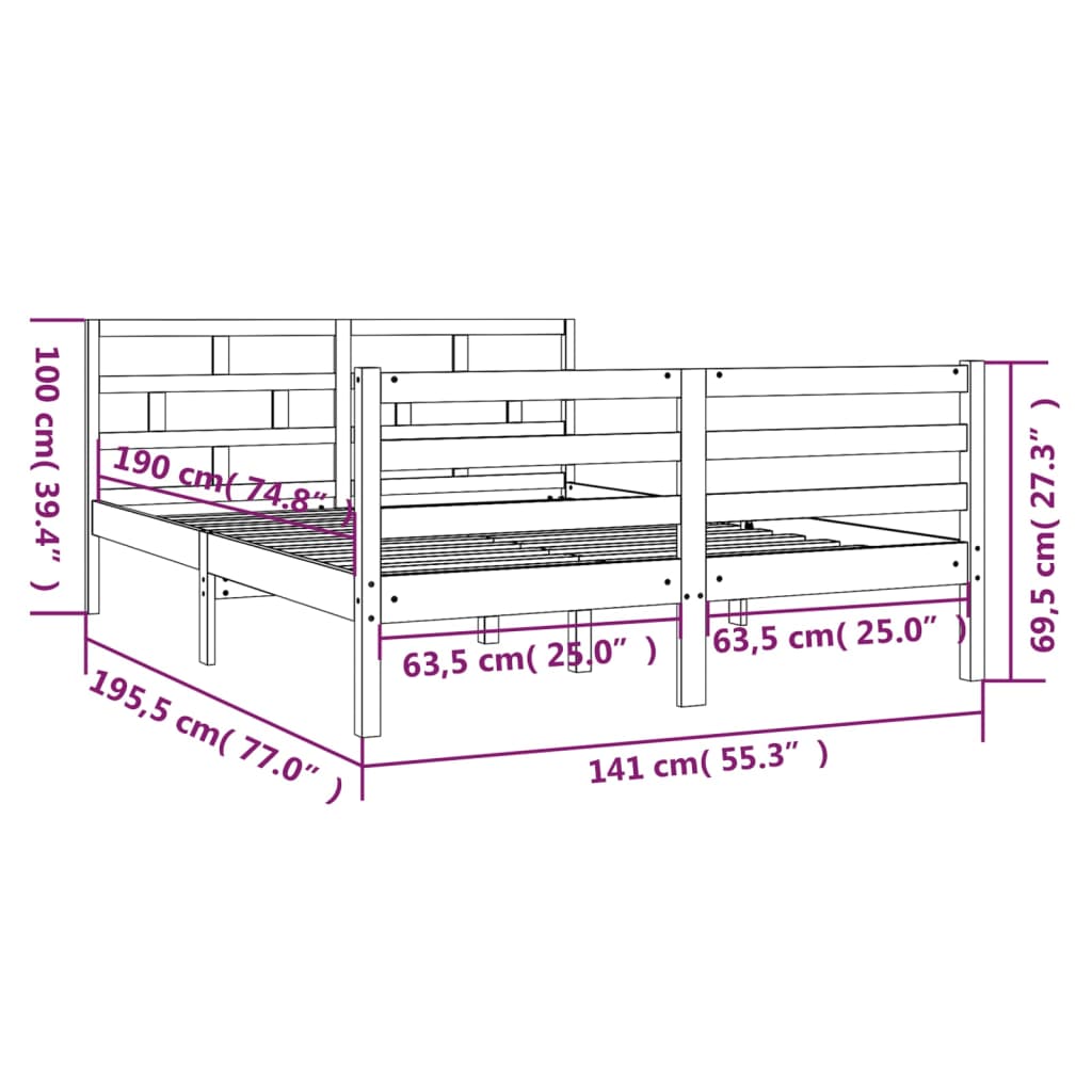 Cadre de lit Blanc 135x190 cm Double Bois massif Lits & cadres de lit vidaXL   