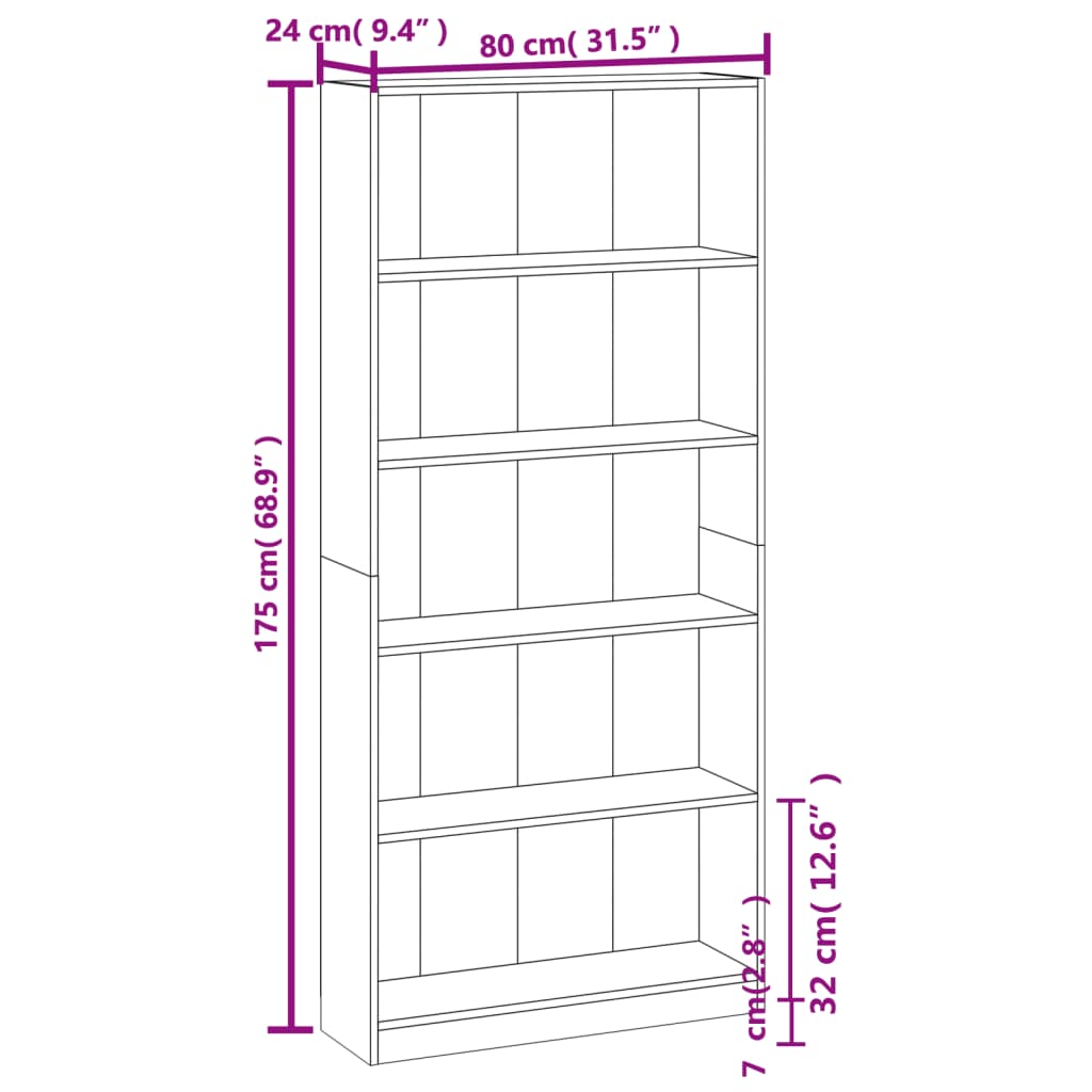 Bibliothèque 5 niveaux Chêne fumé 80x24x175cm Bois d'ingénierie - Xios Store SNC