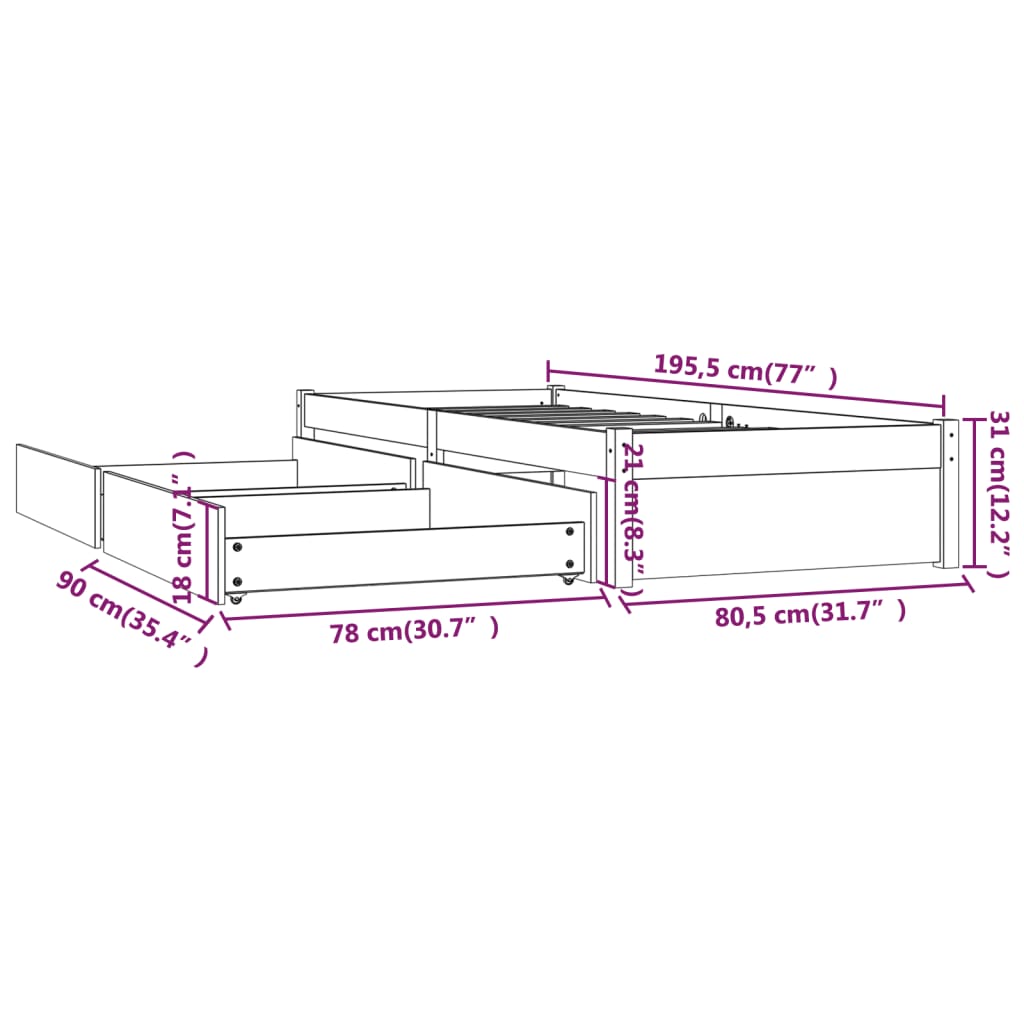 Cadre de lit avec tiroirs blanc 75x190 cm Lits & cadres de lit vidaXL   