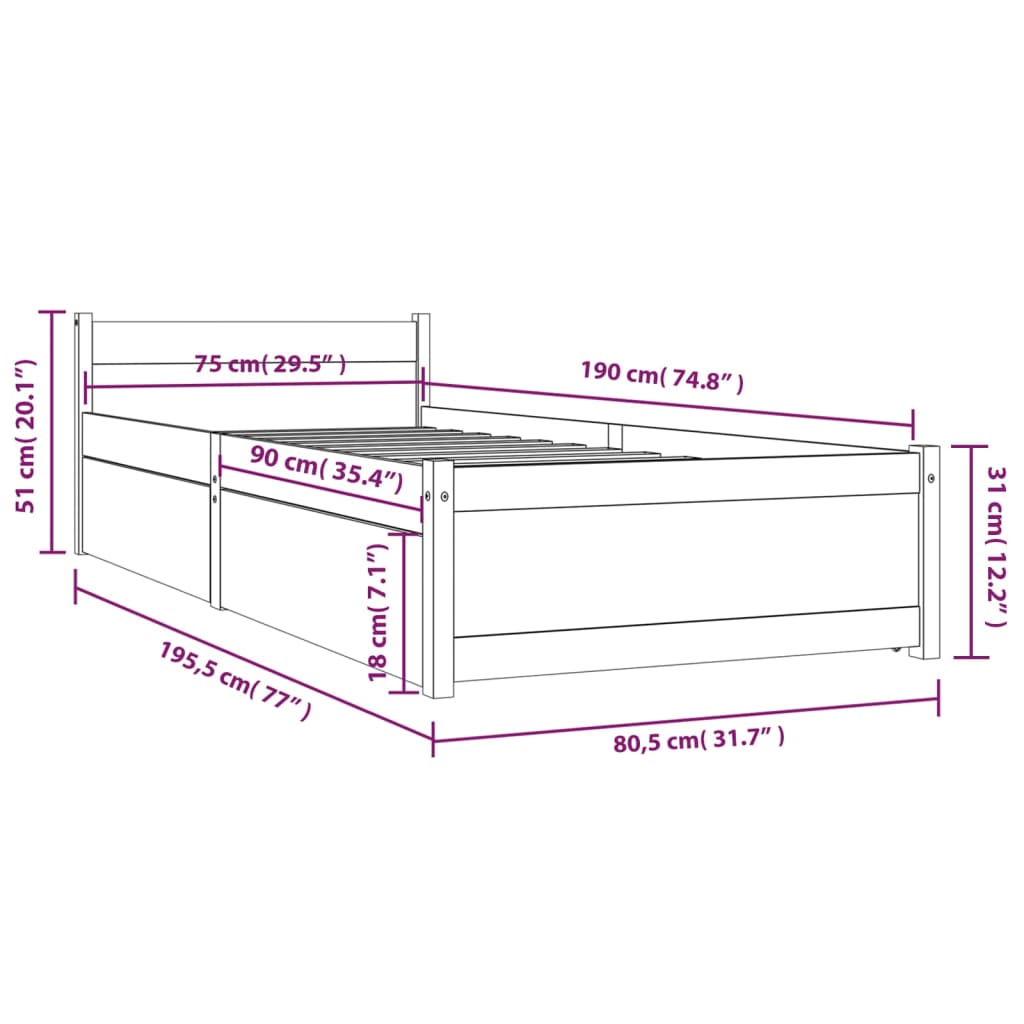 Cadre de lit avec tiroirs 75x190 cm Petit simple Lits & cadres de lit vidaXL   