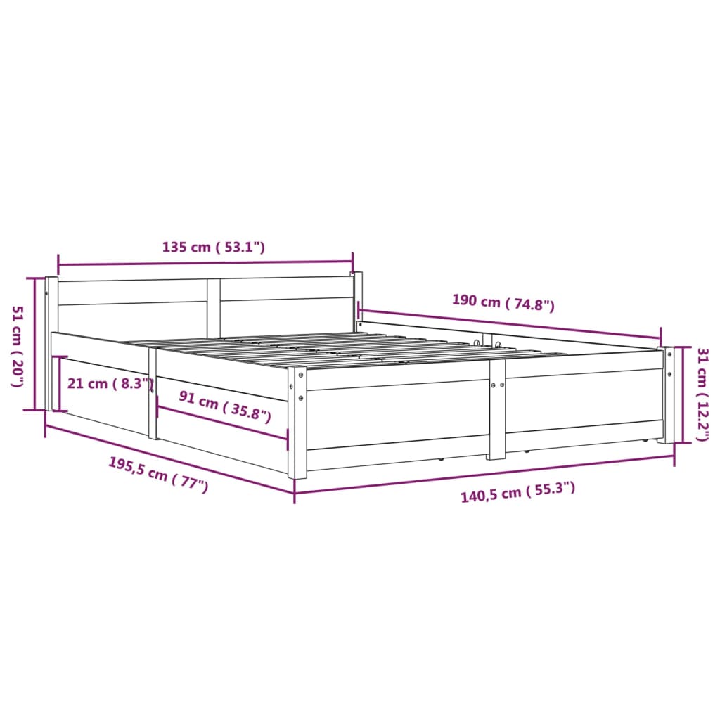 Cadre de lit avec tiroirs Blanc 135x190 cm Double Lits & cadres de lit vidaXL   