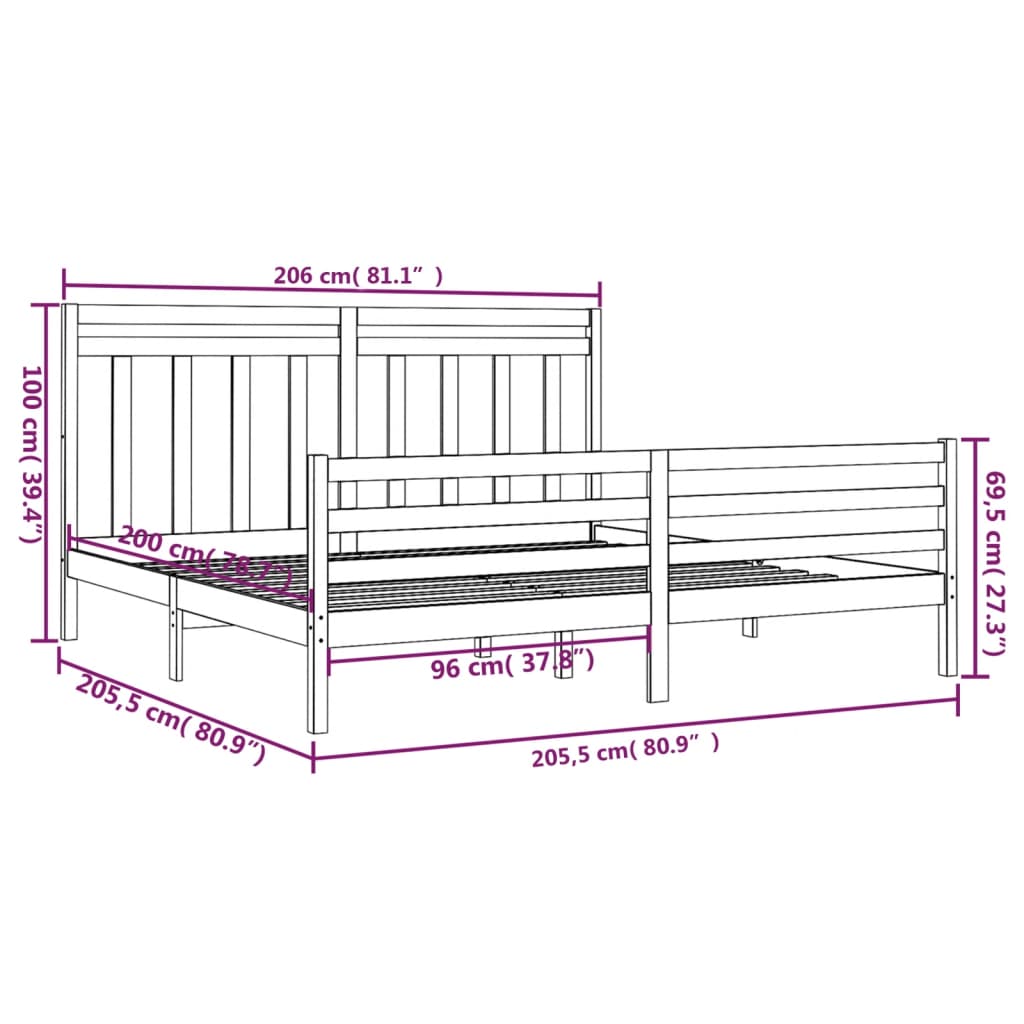 Cadre de lit Noir Bois de pin massif 200x200 cm Lits & cadres de lit vidaXL   