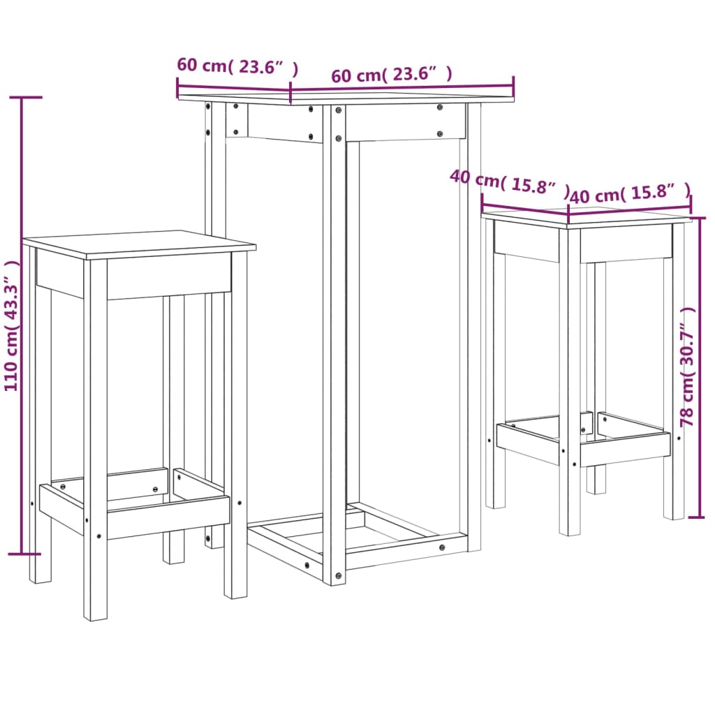 Ensemble de bar 3 pcs Bois de pin massif Meubles de salle à manger vidaXL   