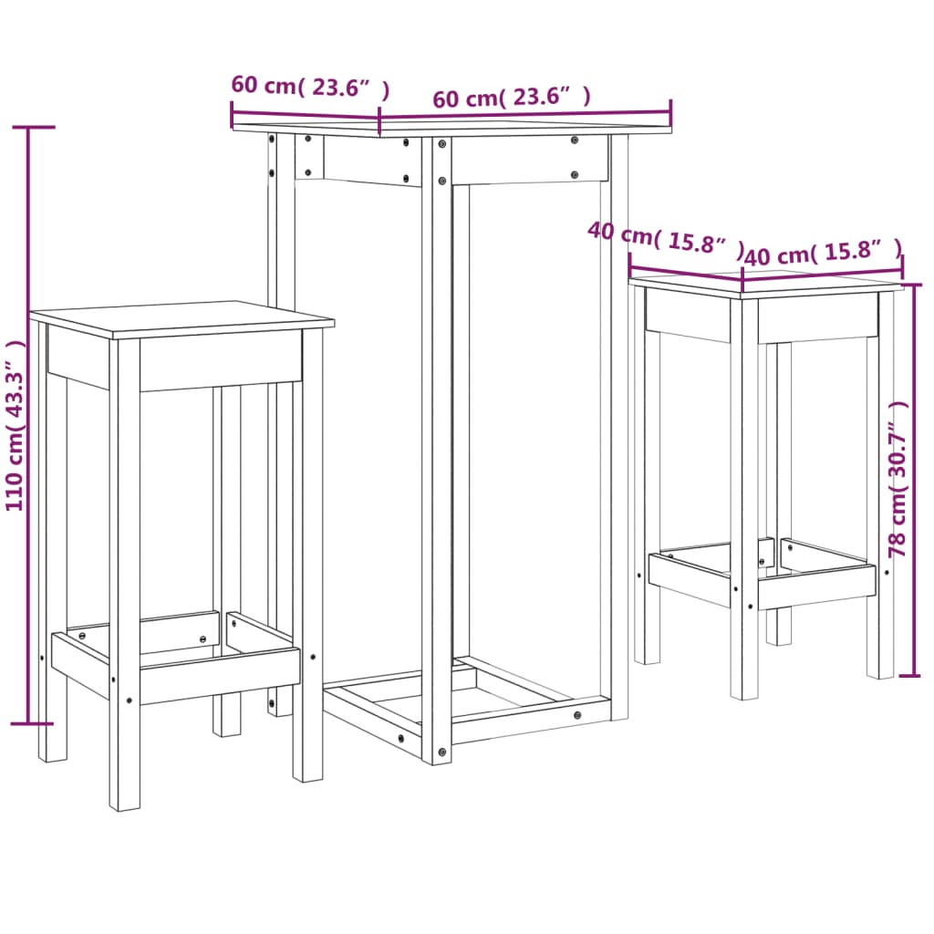 Ensemble de bar 3 pcs Blanc Bois de pin massif Meubles de salle à manger vidaXL   