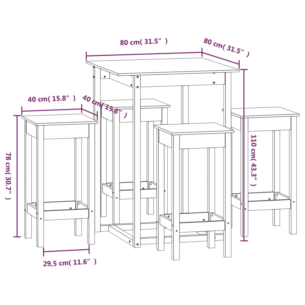 Ensemble de bar 5 pcs Bois de pin massif Meubles de salle à manger vidaXL   