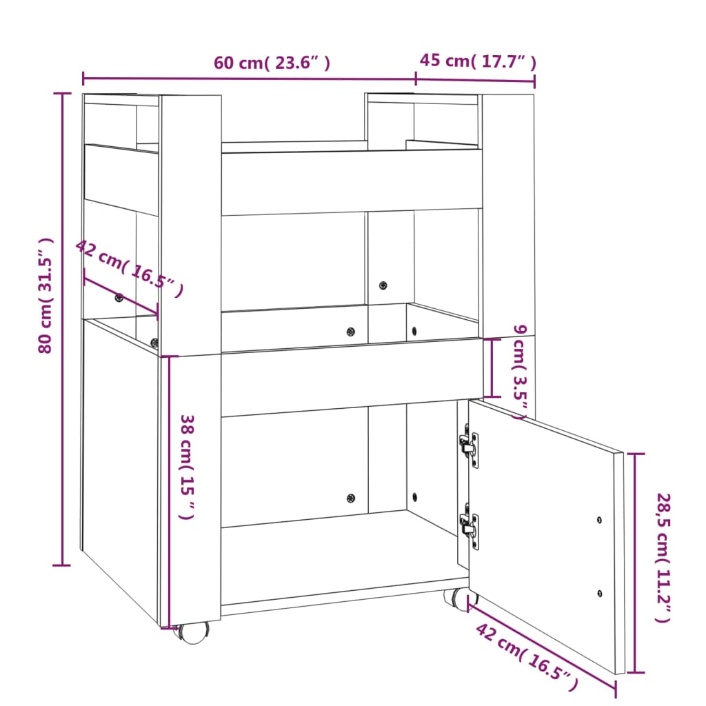 Chariot de cuisine Sonoma gris 60x45x80 cm Bois d'ingénierie Dessertes vidaXL