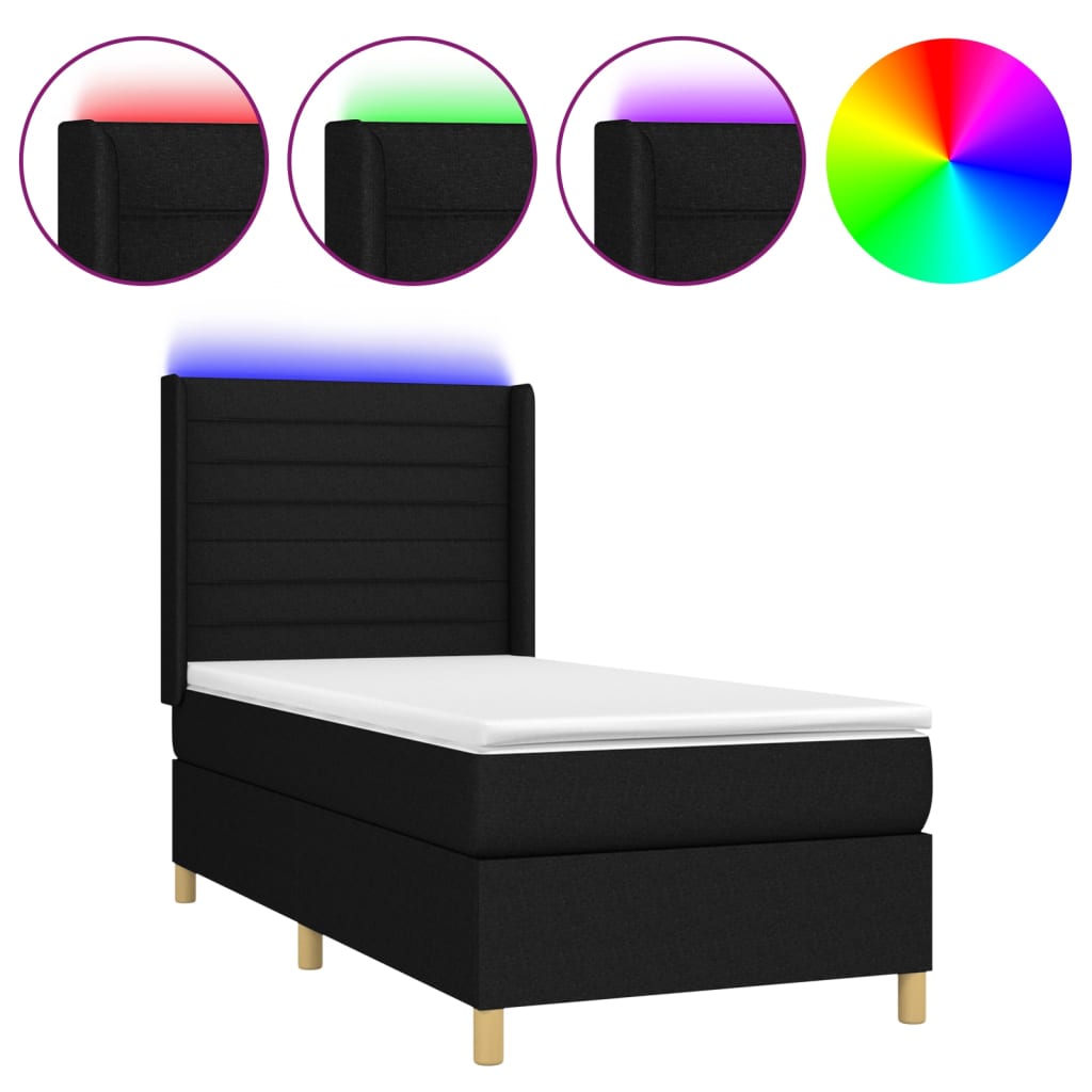 Sommier à lattes de lit matelas et LED Noir 90x190 cm Tissu Lits & cadres de lit vidaXL