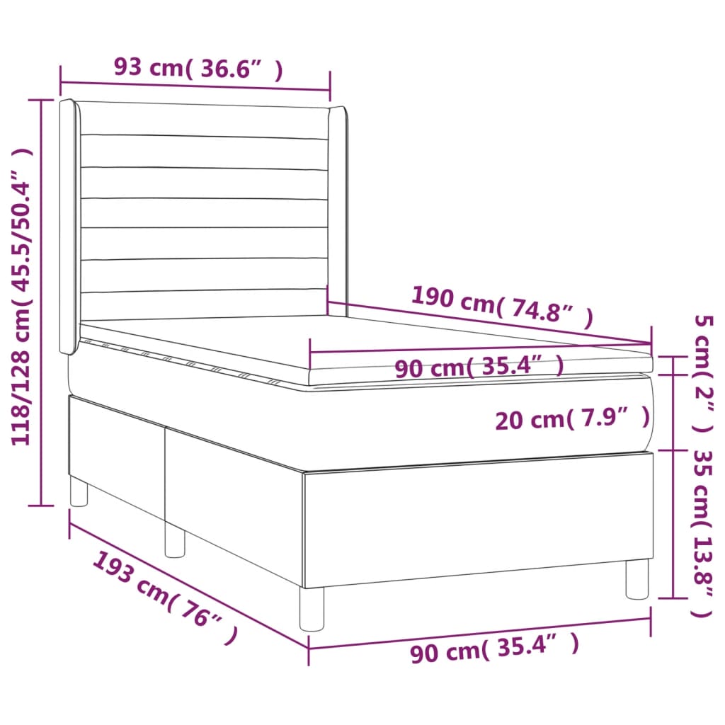 Sommier à lattes de lit matelas et LED Noir 90x190 cm Tissu Lits & cadres de lit vidaXL