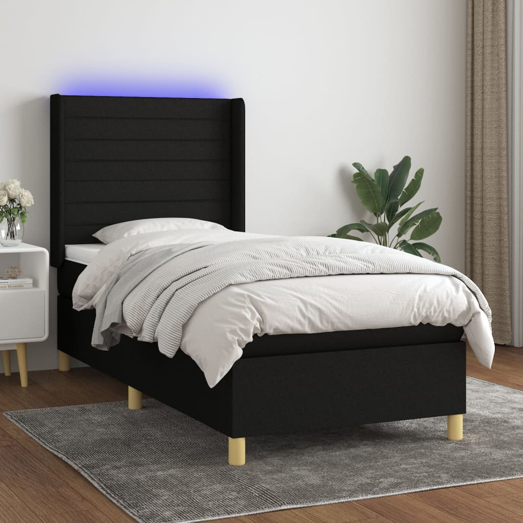 Sommier à lattes de lit matelas et LED Noir 90x190 cm Tissu Lits & cadres de lit vidaXL