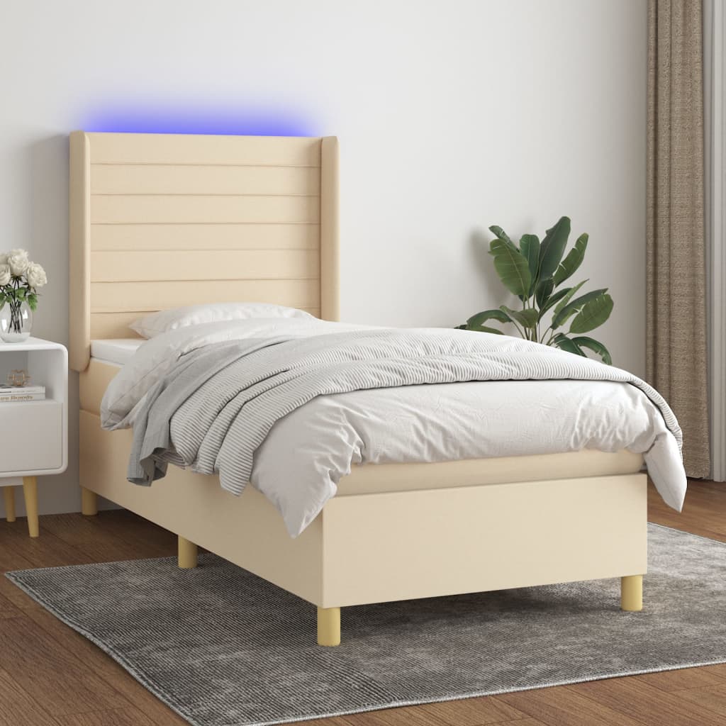 Sommier à lattes de lit matelas et LED Crème 100x200 cm Tissu Lits & cadres de lit vidaXL