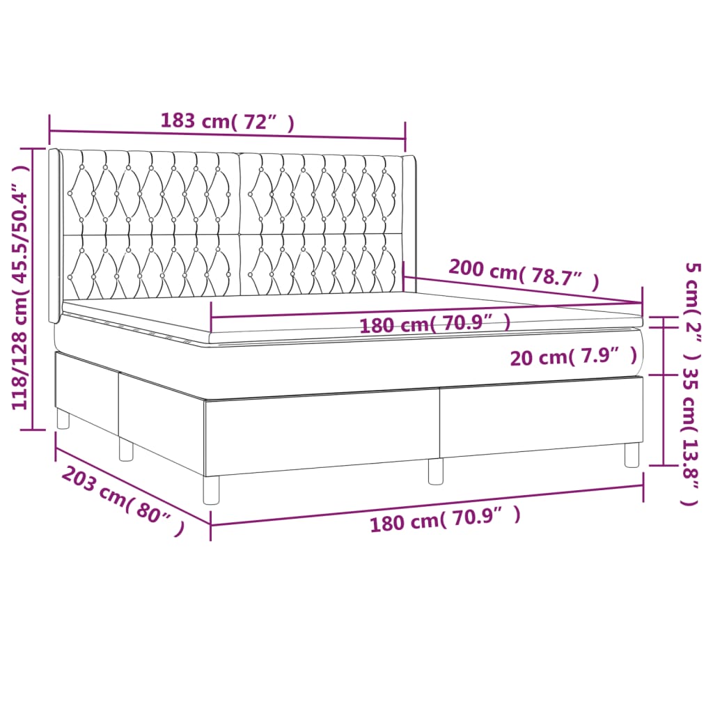 Sommier à lattes de lit matelas et LED Taupe 180x200 cm Tissu Lits & cadres de lit vidaXL