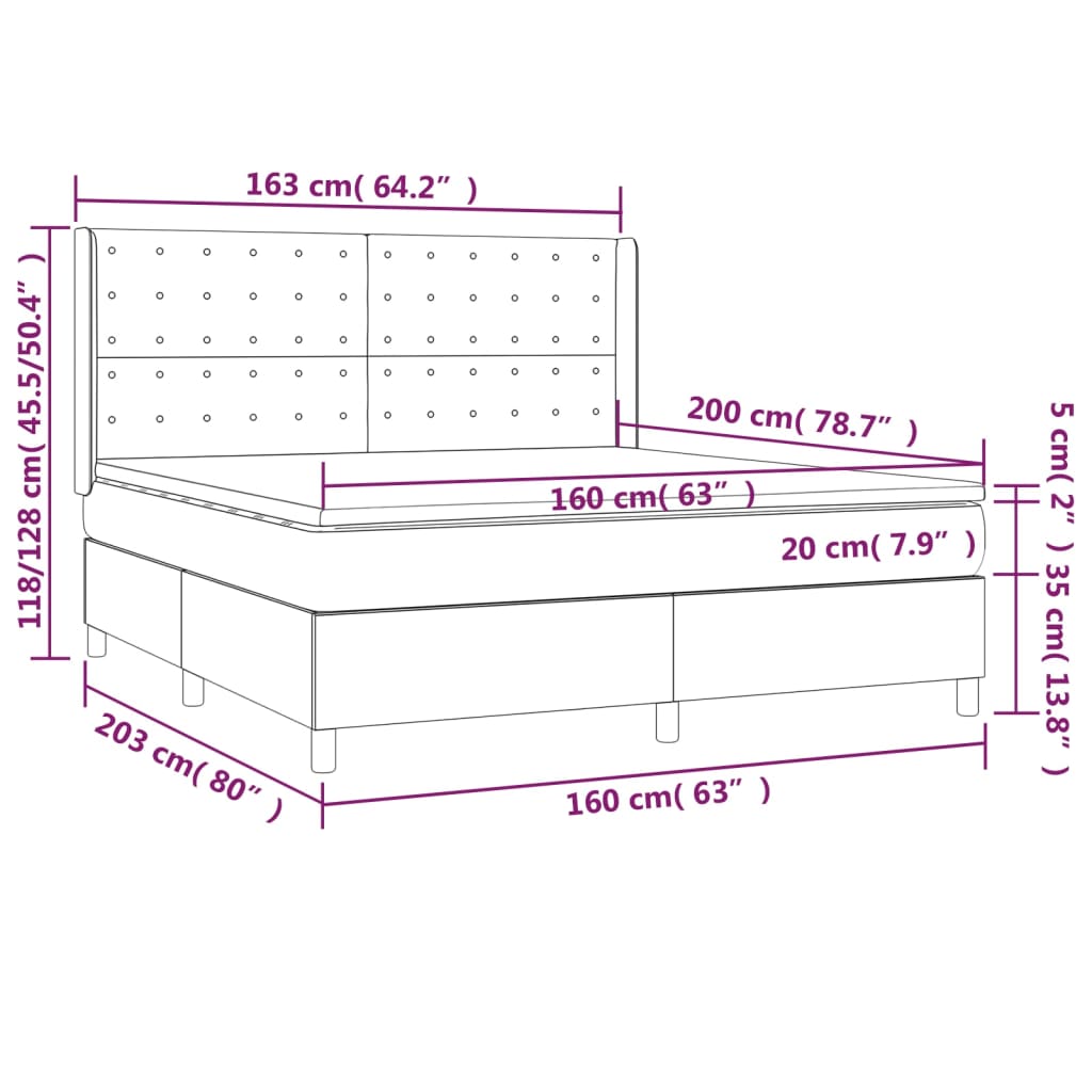 Sommier à lattes de lit matelas LED Gris foncé 160x200 cm Tissu Lits & cadres de lit vidaXL