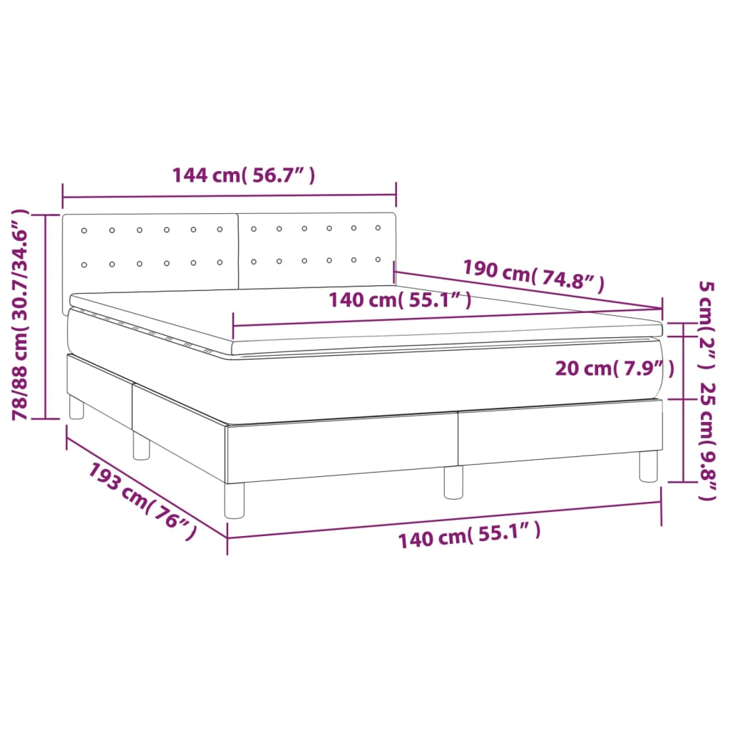 Sommier à lattes de lit avec matelas LED Noir 140x190 cm Tissu Lits & cadres de lit vidaXL