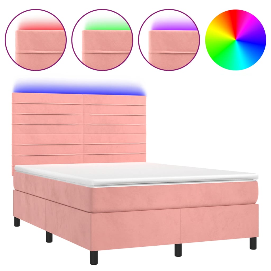 Sommier à lattes de lit avec matelas LED Rose 140x200cm Velours Lits & cadres de lit vidaXL