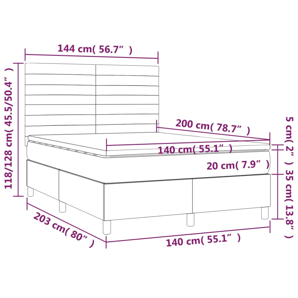 Sommier à lattes de lit avec matelas LED Rose 140x200cm Velours Lits & cadres de lit vidaXL