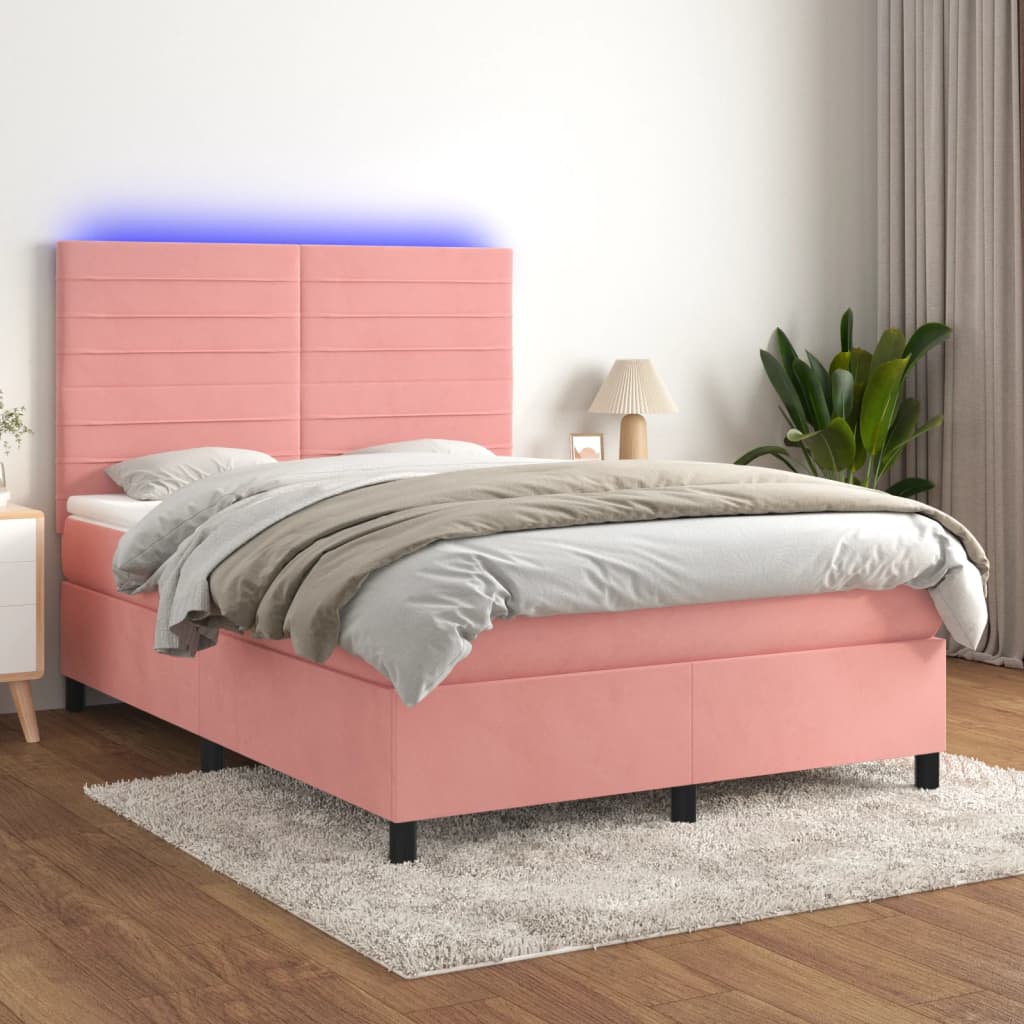 Sommier à lattes de lit avec matelas LED Rose 140x200cm Velours Lits & cadres de lit vidaXL