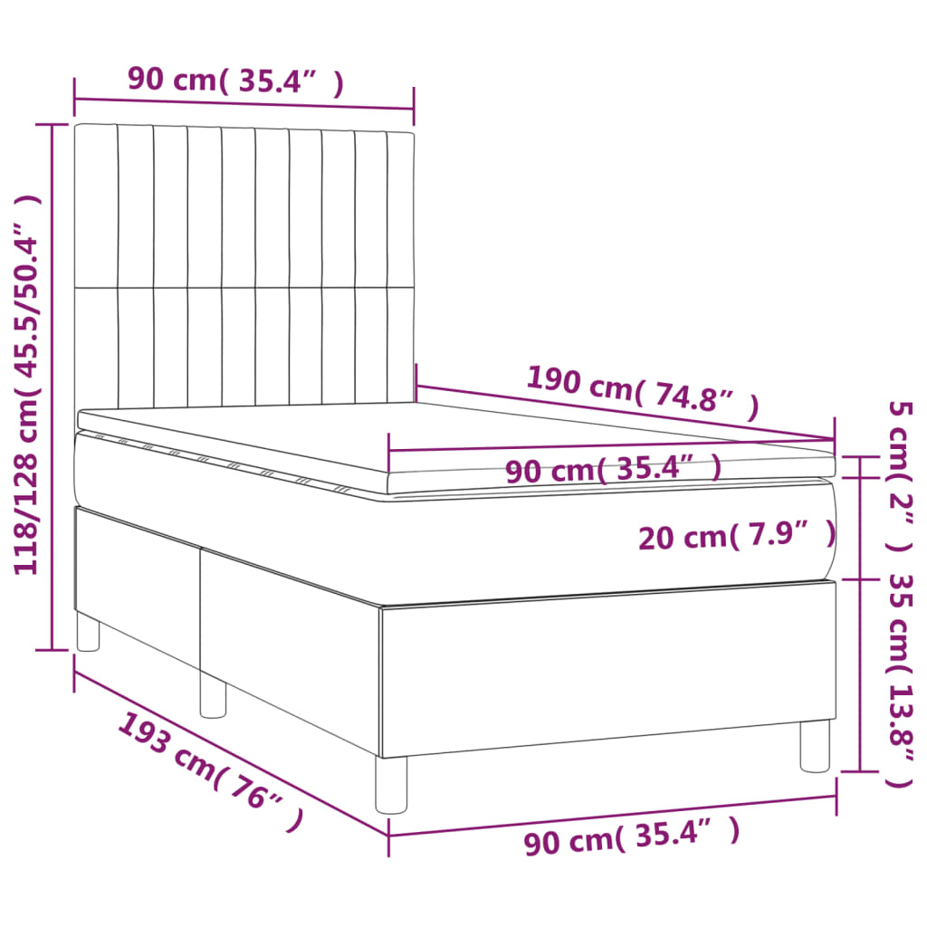 Sommier à lattes de lit matelas LED Gris foncé 90x190cm Velours Lits & cadres de lit vidaXL