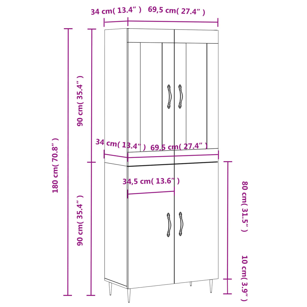 Image Buffet haut Blanc 69,5x34x180 cm Bois d'ingénierie | Xios Store SNC vidaXL Xios Store SNC