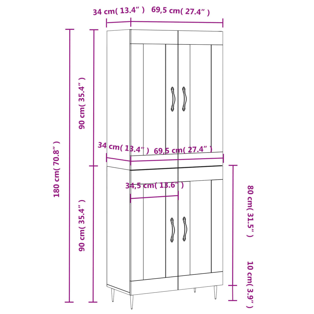 Image Buffet haut Blanc 69,5x34x180 cm Bois d'ingénierie | Xios Store SNC vidaXL Xios Store SNC